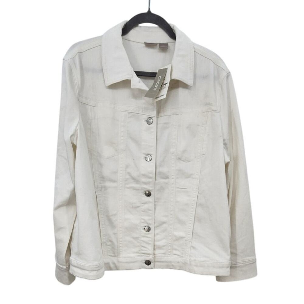 New NWT Chico's Denim No Stain Alabaster White Strech Jacket Size 3 P 16/18 P